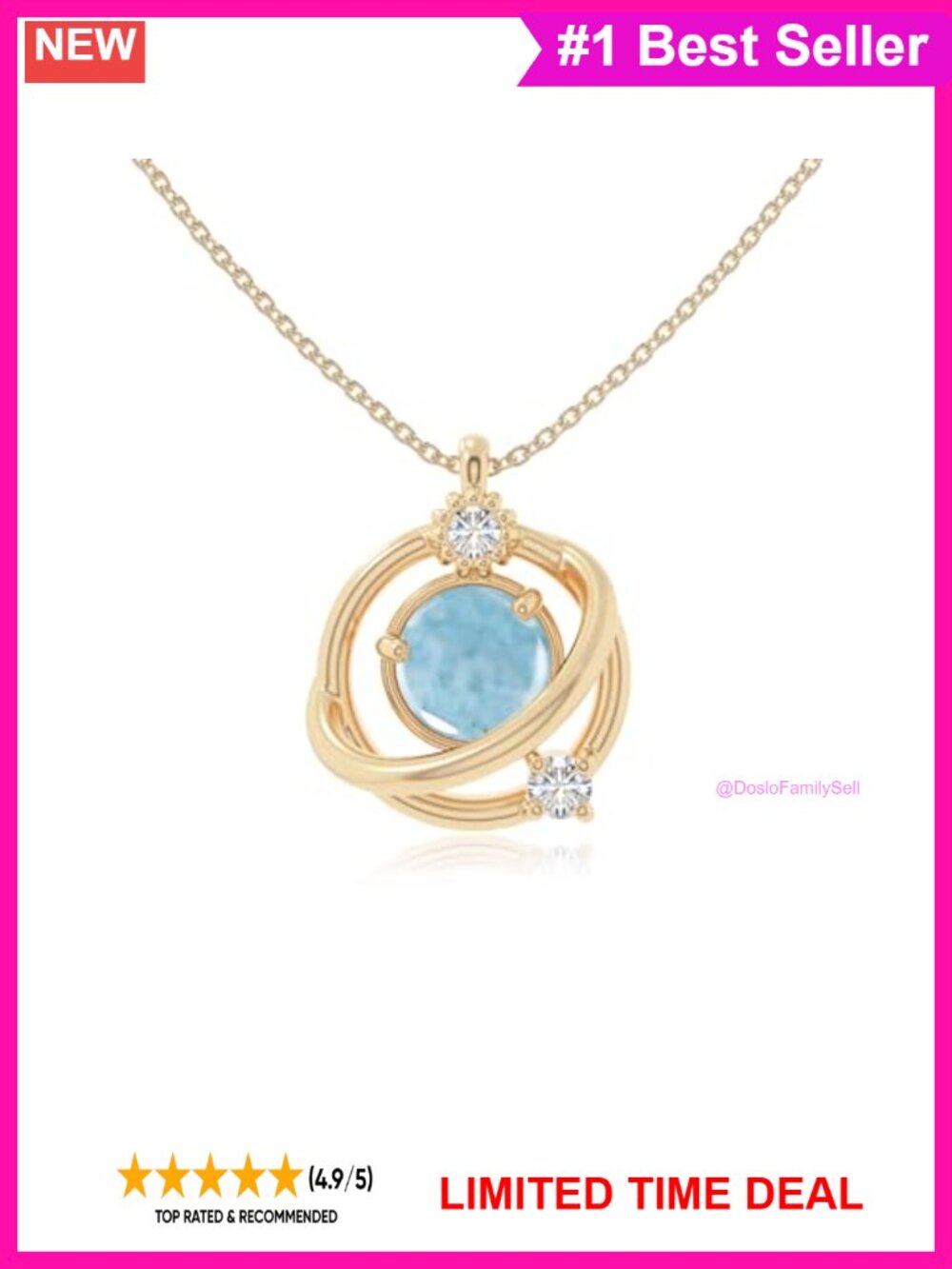 Larimar & Moissanite Galaxy Round Pendant Necklace 18K Yellow Gold Vermeil